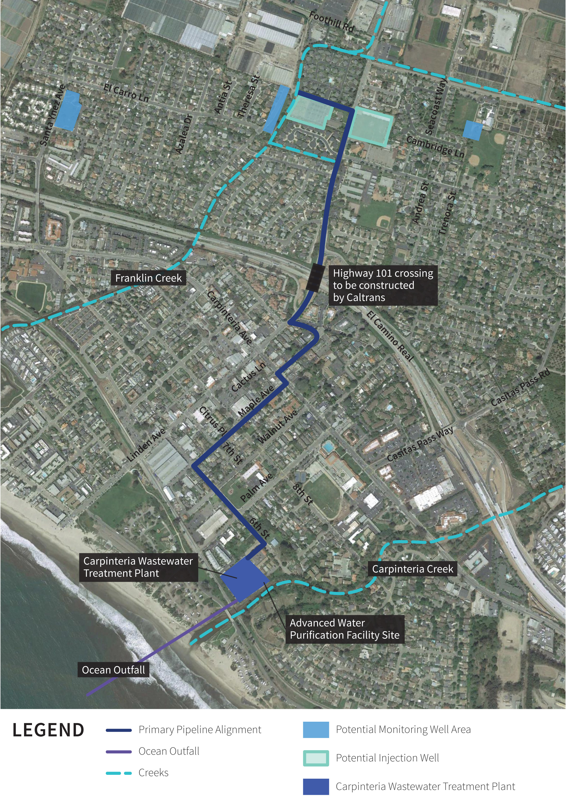 A map of the project and its features: Carpinteria Wastewater Treatment Plant located near the ocean and the Advanced Water Purification Facility Site on the same property; a primary pipeline alignment that runs from the Purification Facility across town and under the freeway to spreading grounds; an alternative pipeline alighment with various paths through town; potential monitoring well area, potential injection well; Carpinteria Creek that runs alongside the Advanced Water Purification Facility; and an existing ocean outfall.