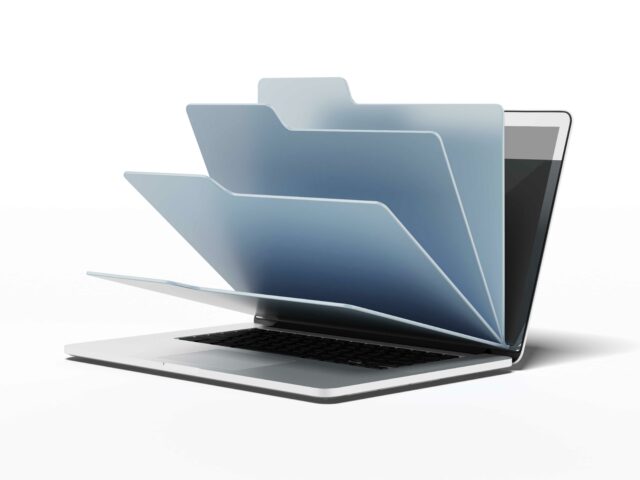 Laptop with blue folders isolated on a white background. 3d render
