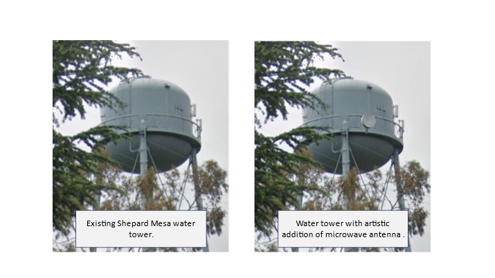 Images of Shepard Mesa Tank. Image on left is of existing water tank; image on right includes artistic rendering of microwave antenna.